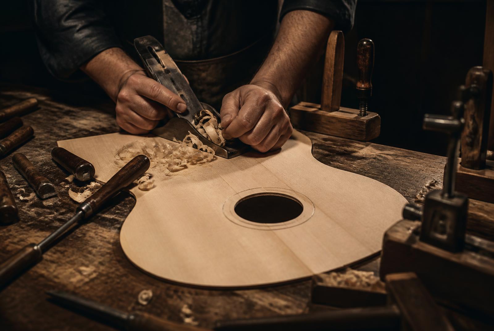 Manos trabajando una tapa de guitarra en el taller